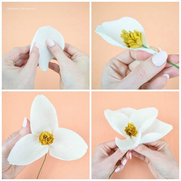 A grid of four images showing the creation of the outer layer of a white crepe paper magnolia flower.