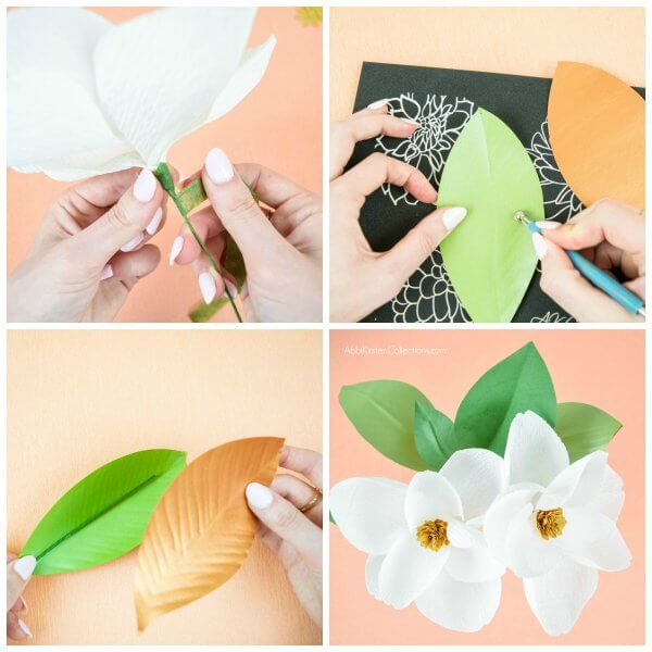 Four images displaying the assembly of a green stem and green leaves for a white crepe paper magnolia flower. 