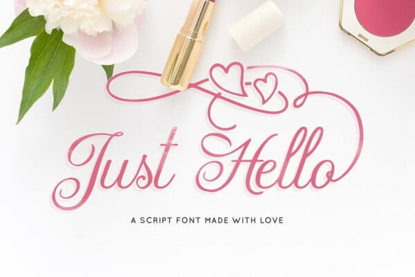 A white rose, lipstick and blush lie the top of a white rectangle, while the words "Just Hello" is scrolled in red below. Hearts align the top of the script font, made with love. It's a perfect font for use with Design Space and your Cricut. 