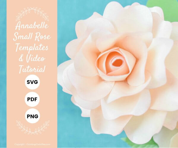 A single paper Annabelle rose against a blue background. A bar of text along the side of the image says "Annabelle small rose templates and video tutorial"