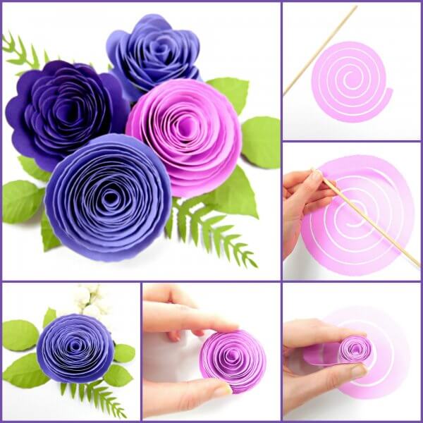 A collage of images showing the steps to make paper rosettes, and a completed bouquet of four blue and purple paper rosette flowers.