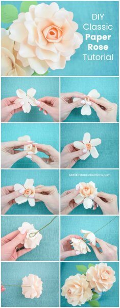 A collage of images shows all the steps involved in making a small Annabelle paper rose, from distressing and folding the cream colored petals, to adding a stem and leaves.