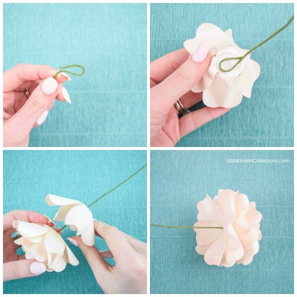 A collage of four images shows the process of adding a stem to a cream colored small Annabelle paper rose.