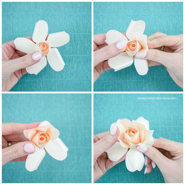 A collage of four square images demonstrates how to fold and assemble petals of an Annabelle paper rose.