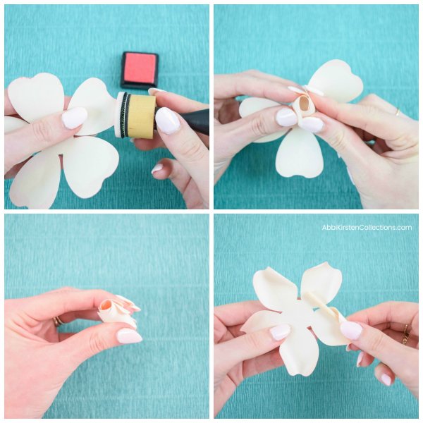 A collage of four images shows the first steps of making an Annabelle paper rose, including distressing the petals with ink and rolling the petals.