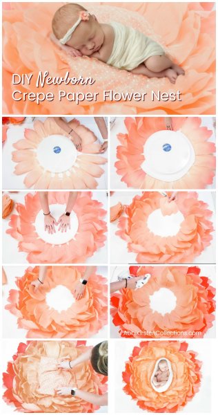 A nine picture graphic includes seven step-by-step picture instructions, a final photo of a sleeping newborn in the center of the nest. The top photo of a finished giant crepe paper flower baby nest with the text "DIY Newborn Crepe Paper Flower Nest" in white. 