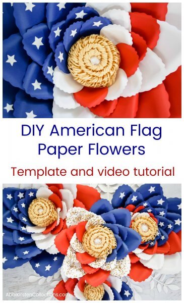 A close up image of the giant swirled American flag paper flowers, and a group of red, white, and blue swirled paper flowers of various sizes, sitting on a gray crafting table. Text overlay reads “DIY American Flag Paper Flowers Template a Video Tutorial”