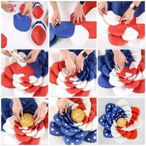 Nine pictures in a grid show the process of making giant American flag flowers, from cutting and shaping the red, white, and blue paper flower petals, to assembling the patriotic swirl pattern and adding the center pompom.