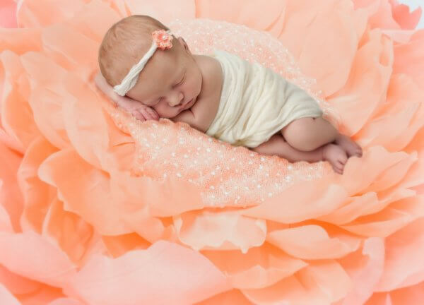 A close-up of a swaddled newborn sleeping in the center of a crepe paper nest, including shades of orange and pink crepe paper. Get the giant paper flower template!