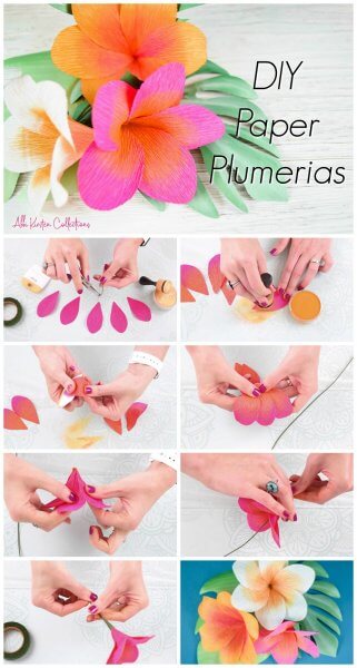 A multipicture graphic of the steps needed to make crepe paper plumeria flowers. Abbi's hands demonstrate cutting, shaping, and shading the flowers, as well as finished photos of plumeria bouquets on a blue background and another on a grey tabletop made of wood. 