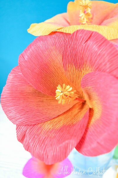 A stunning pink and orange hibiscus crepe paper flower.