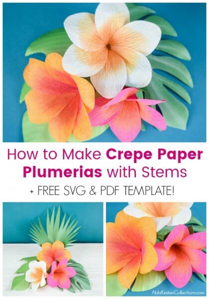 This graphic consists of three photos of crepe paper plumerias with stems and leaves at different angles. The center of the graphic is white with purple text that reads "How to make crepe paper Plumerias with stems and free SVG and PDF template." The flowers are orange, white and pink. 