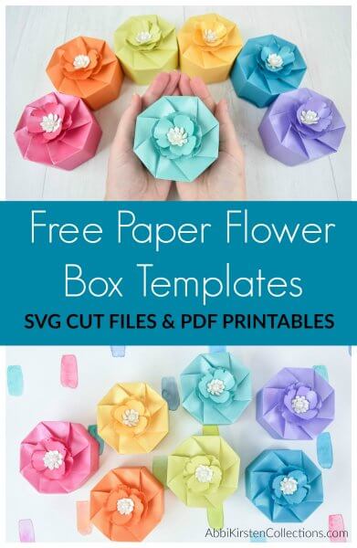 Free paper flower box templates are found in my freebies vault. I include an SVG file for Cricut cutting machines and a PDF for printing and cutting with scissors. 