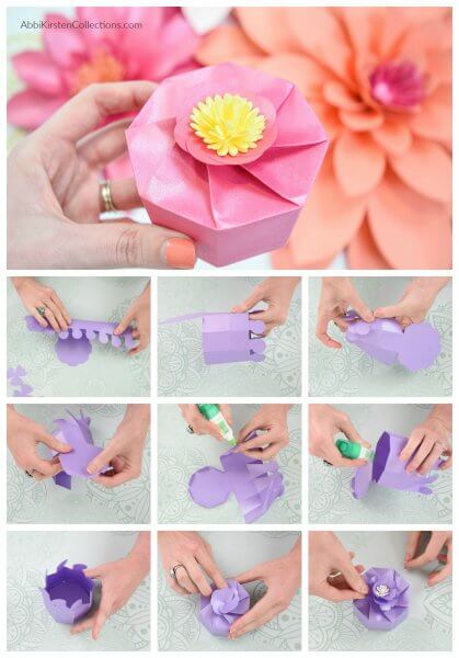 A collage of 10 images shows you how to easily assemble these paper gift boxes step by step, from cutting the gift box template, folding the paper box, and creating the flower for the top of the paper gift box.