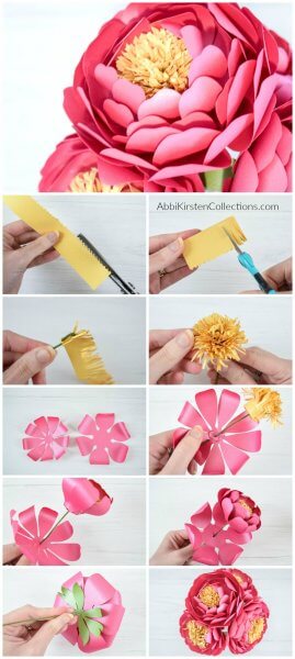 A series of small photos in ai grid showing step-by-step instructions on how to make giant paper peony flowers and stamens. 