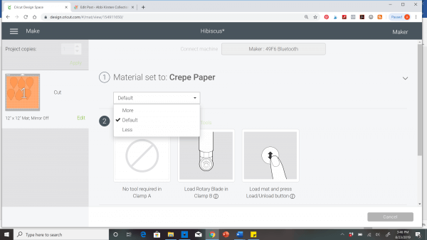 A screenshot of Design Space showing the steps to set your Cricut Maker material to crepe paper. 