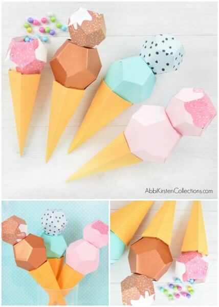 Three photos show paper ice cream cones in various sizes, and with various hexagonal ice cream scoops in brown chocolate, light pink, and teal with sprinkles. These 3D Cricut paper ice cream cones contain a hidden surprise - they are filled with rainbow candy balls!
