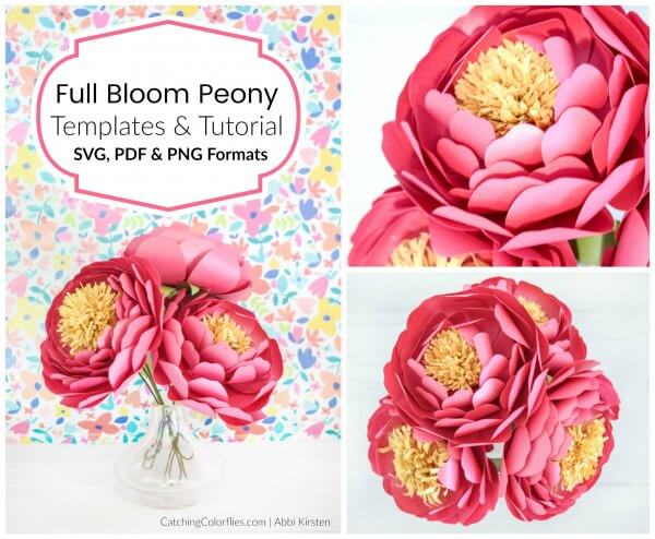 Three photos of pink paper peonies with yellow stamen in a bouquet. Full bloom peony templates and tutorial in SVG, PDF and PNG formats. 