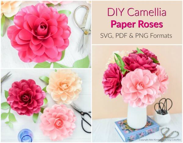 A four-paneled picture of red and pink paper Camellia roses, seen from above and placed in a white vase with paper greenery. Scissors lay nearby, and the text reads "DIY Camellia Paper Roses SVG, PDF, & PNG formats."
