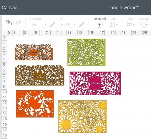 A screenshot of the six free and colorful Autumn and Thanksgiving candle wraps in Cricut’s  Design Space. 