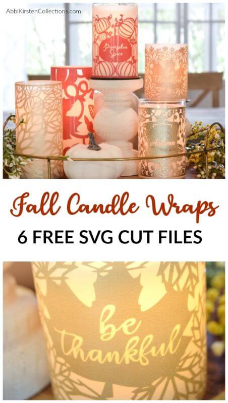 Fall candle wraps with six free SVG cut files. Golden-lit LED fall wrap candles in gold and metallic Autumn colors, used as a centerpiece.