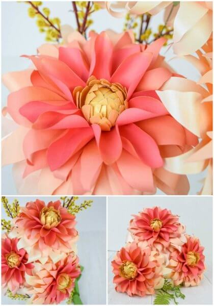 A collage of 3 images shows a single autumn sunburst paper dahlia flower and a bouquet of three paper dahlias, all in gorgeous autumn colors of pink and peach with green and yellow leaves.