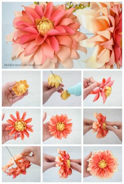 A collage of 10 images shows the process of making a DIY autumn sunburst dahlia paper flower from start to finish, from creating the flower’s center piece to layering the flower petals and adding a stem.