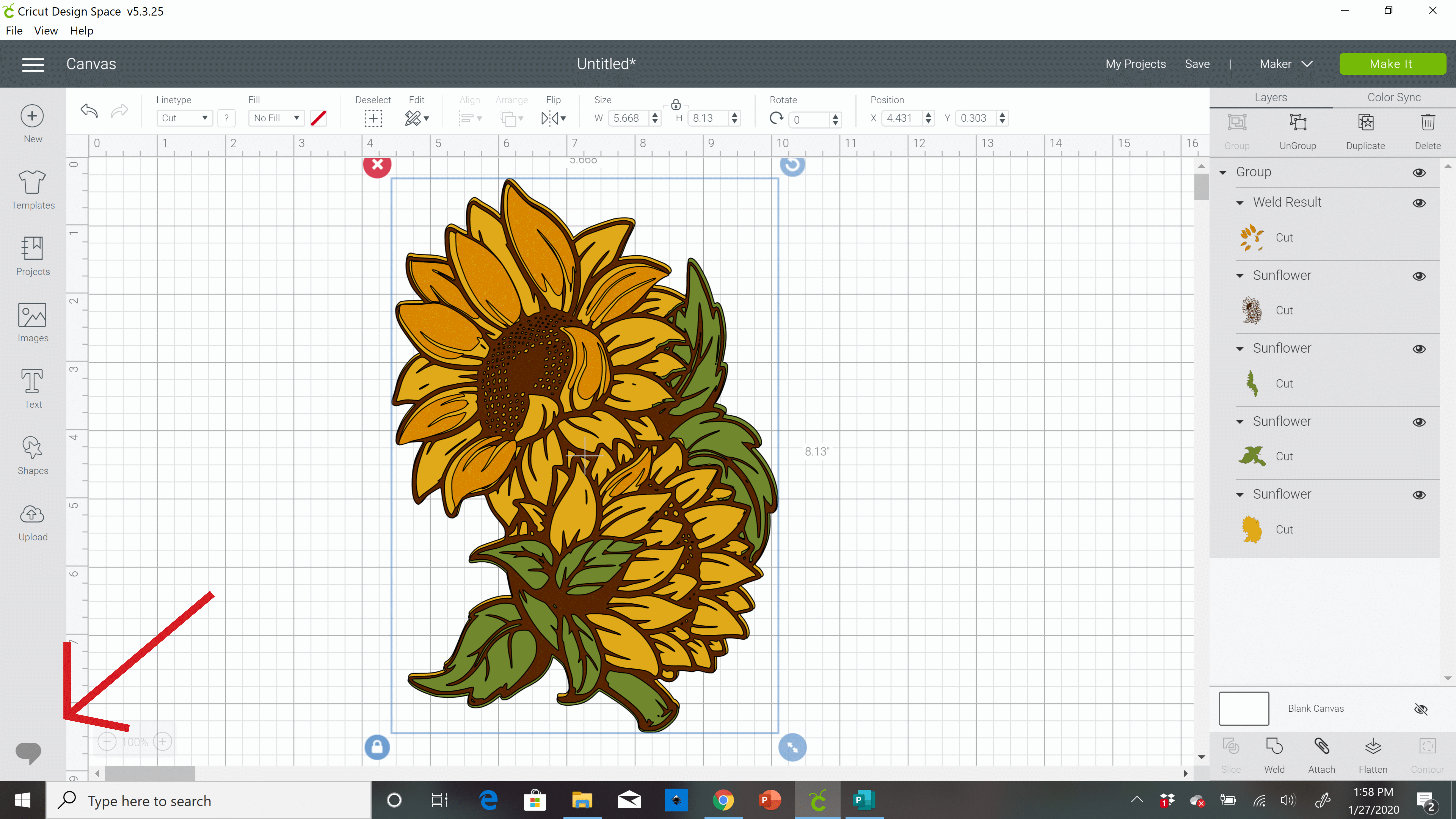 A screenshot of the Cricut Design Space canvas with a sunflower graphic on the grid. A red arrow is pointing to a speech bubble icon in the bottom left-hand corner of the screen.