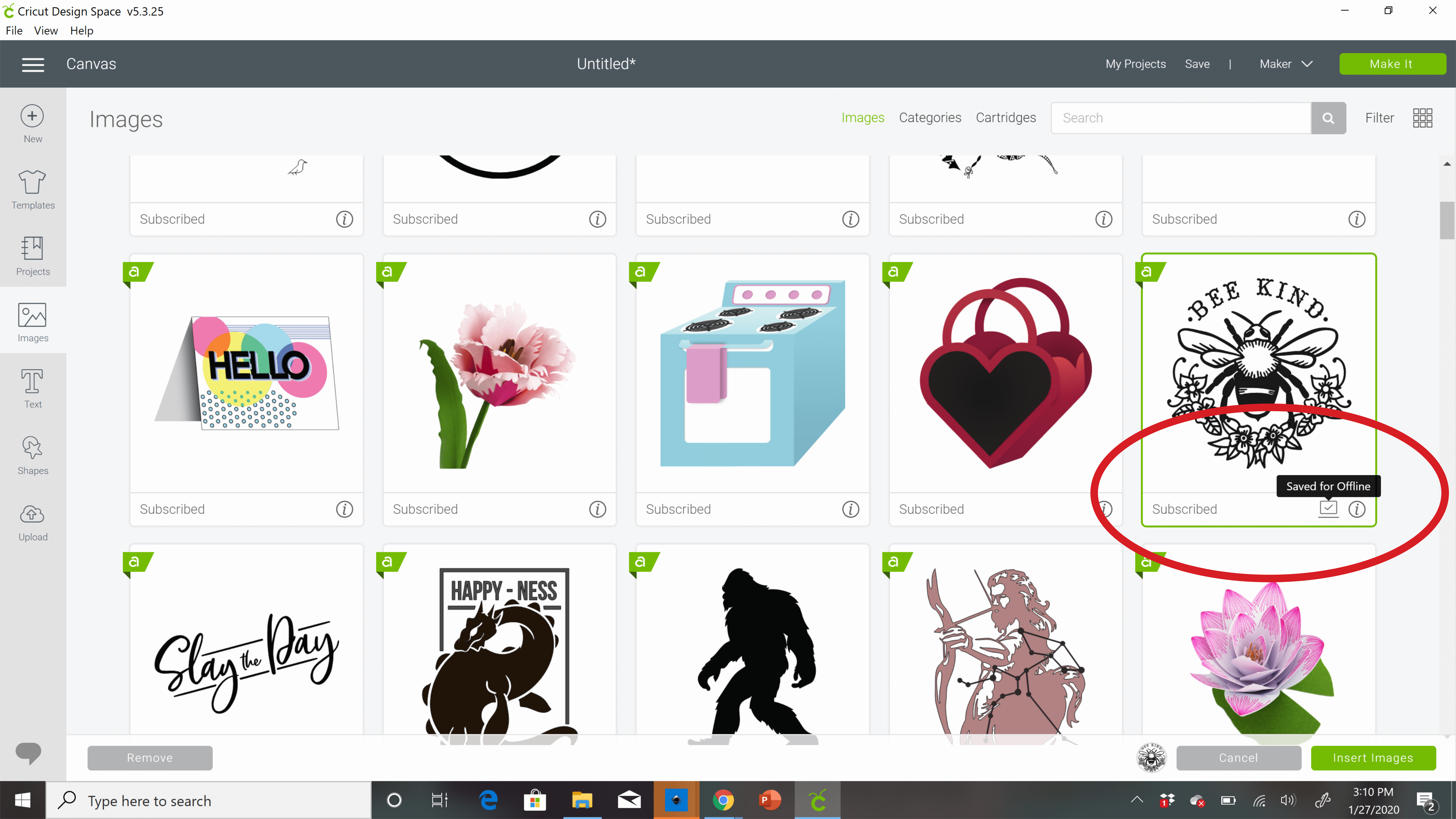A computer screenshot of the Images section of Cricut Design Space shows various images. A red circle indicates where to click to save an image for offline use.