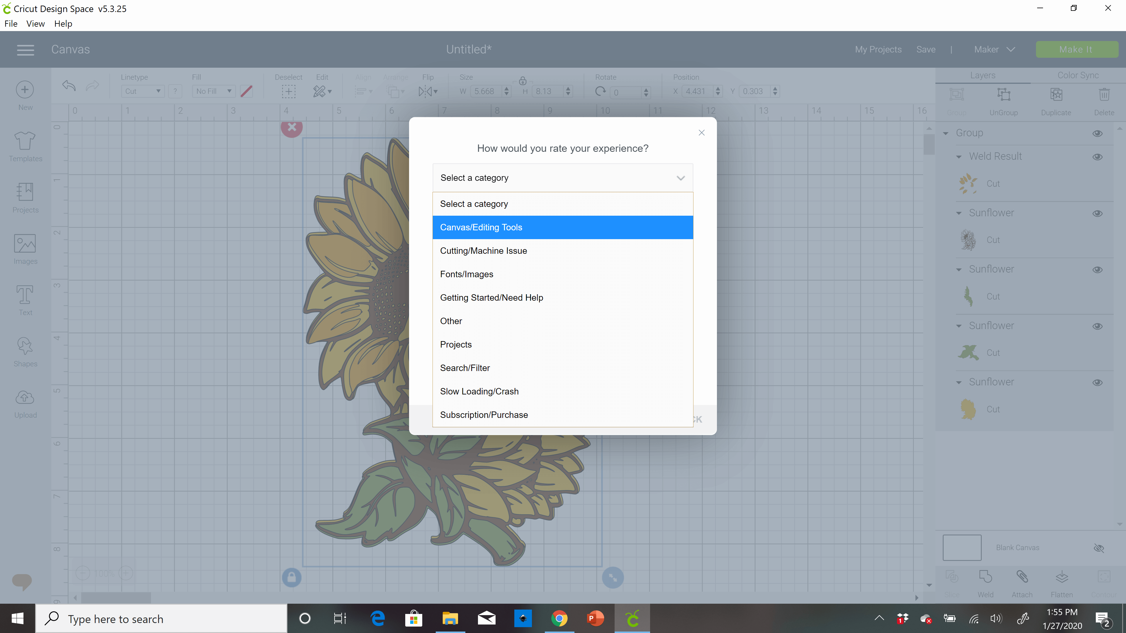 A screenshot of Cricut Design Space with a popup box on the screen. The popup box says "how would you rate your experience?" with a drop-down menu of options.