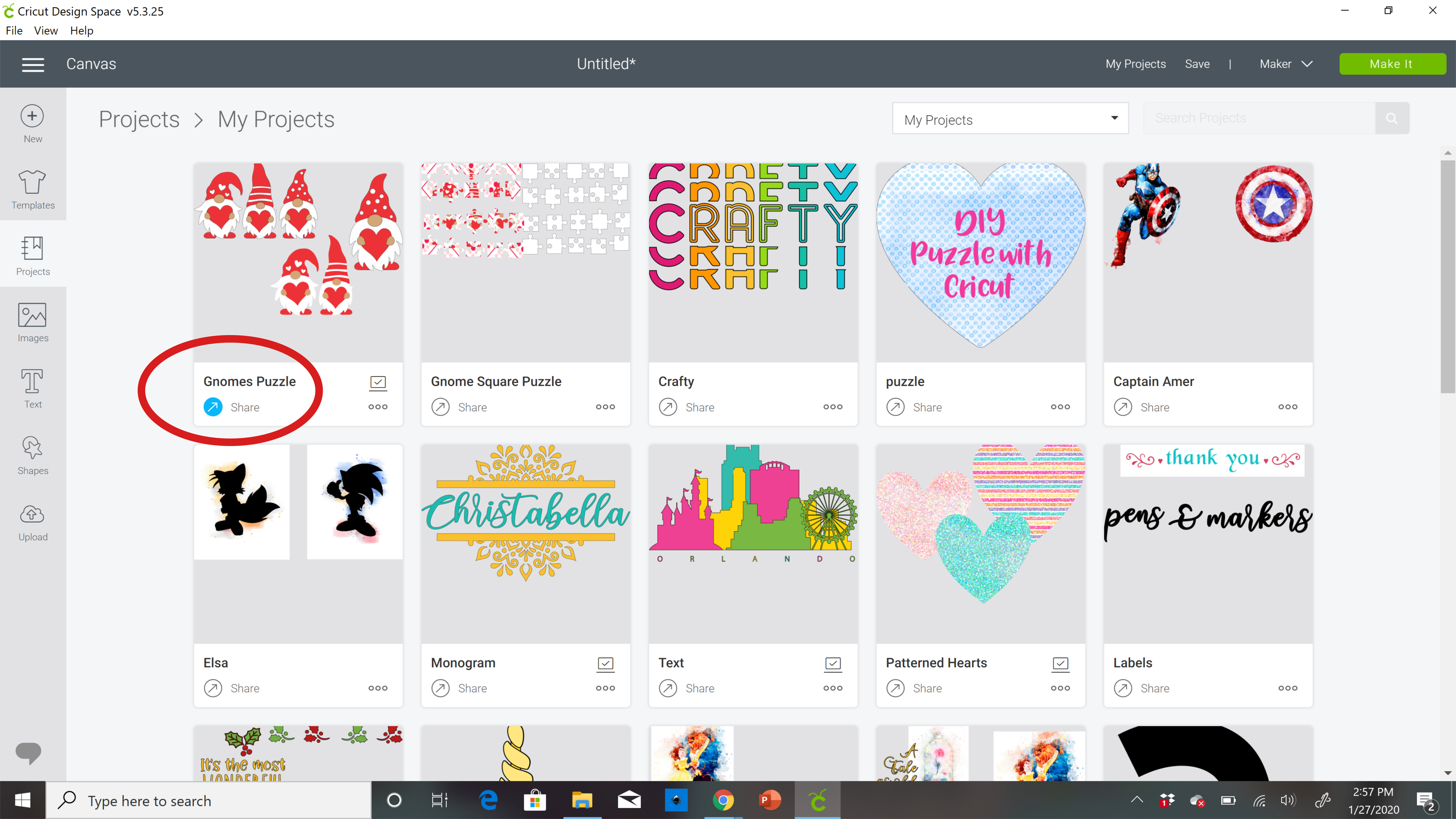 A computer screenshot of the My Projects section of Cricut Design Space. A red circle indicates where to click to share projects in the new Design Space Download.