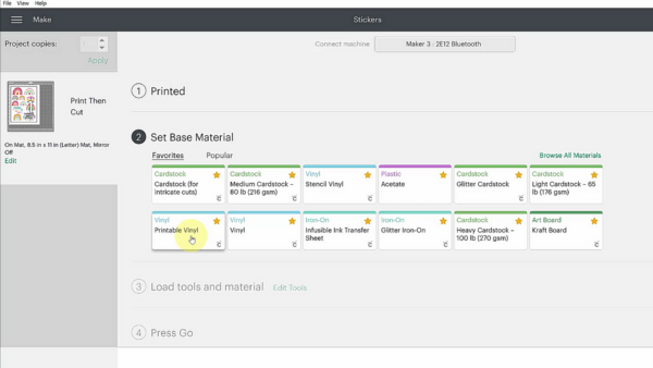 Material settings for stickers in Cricut design space. 