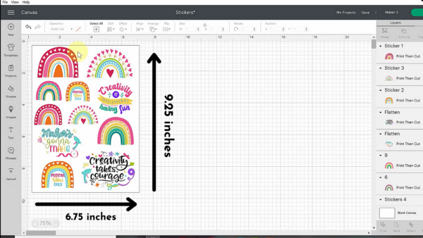 How big can you Print Then Cut with a Cricut? A Cricut can print then cut up to 9.25 inches H x 6.75 inches wide. 