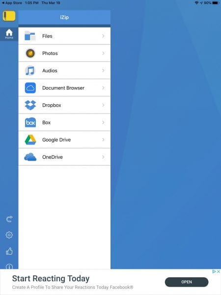 A screenshot of the iZip menu of where to search for zip files on your device. The background is royal blue and the menu is white. 