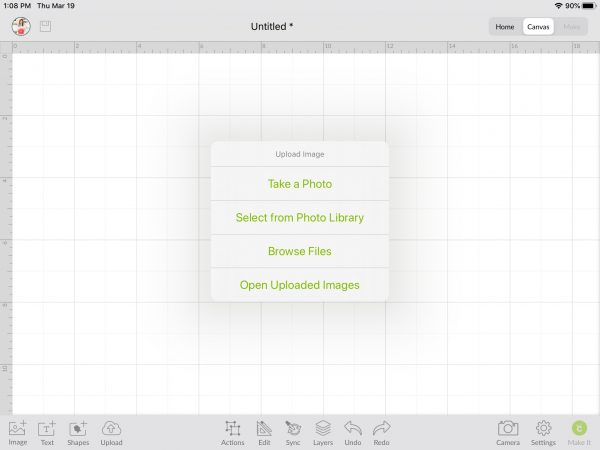 The open Cricut Design Space Canvas, with an action menu open. The lime green menu text reads "take a photo, select from photo library, browse files, and open uploaded images."
