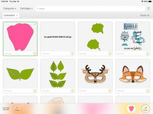 A grid of files on an iPad include a pink Eden Rose petal, a fox and deer mask, and various leave designs. The import button is in the lower right-hand corner. 