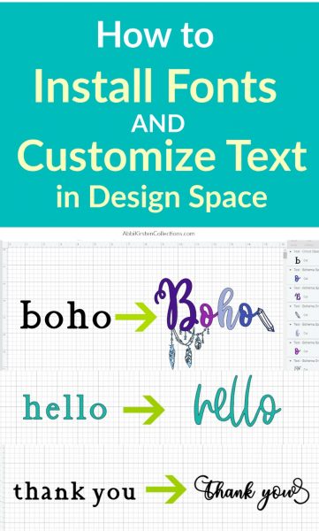 A large graphic has text across a teal background that reads “How to install fonts and customize text in Design Space.” Under the text is a screenshot of Cricut Design Space canvas with three fonts transformed into decorative, cursive styles.