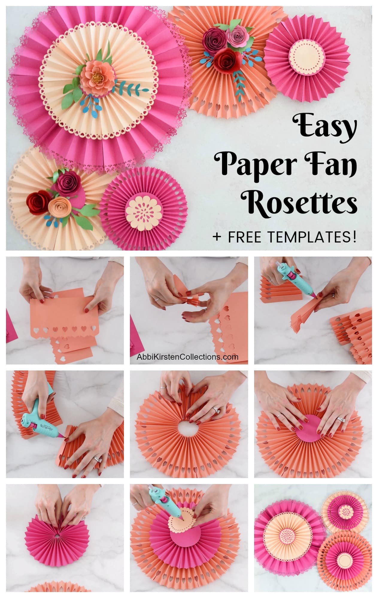 A graphic of 10 photos demonstrating how to make DIY paper rosette fans with a Cricut cutting machine. The text says, "Easy paper fan rosettes + Free Templates!"