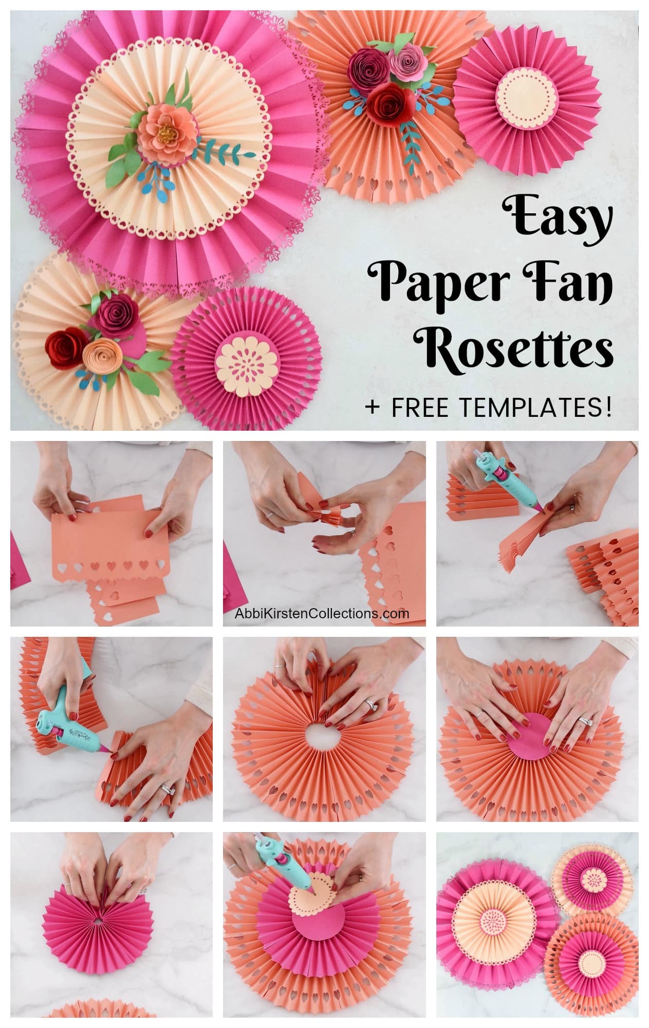 A graphic of 10 photos demonstrating how to make DIY paper rosette fans with a Cricut cutting machine. The text says, "Easy paper fan rosettes + Free Templates!"