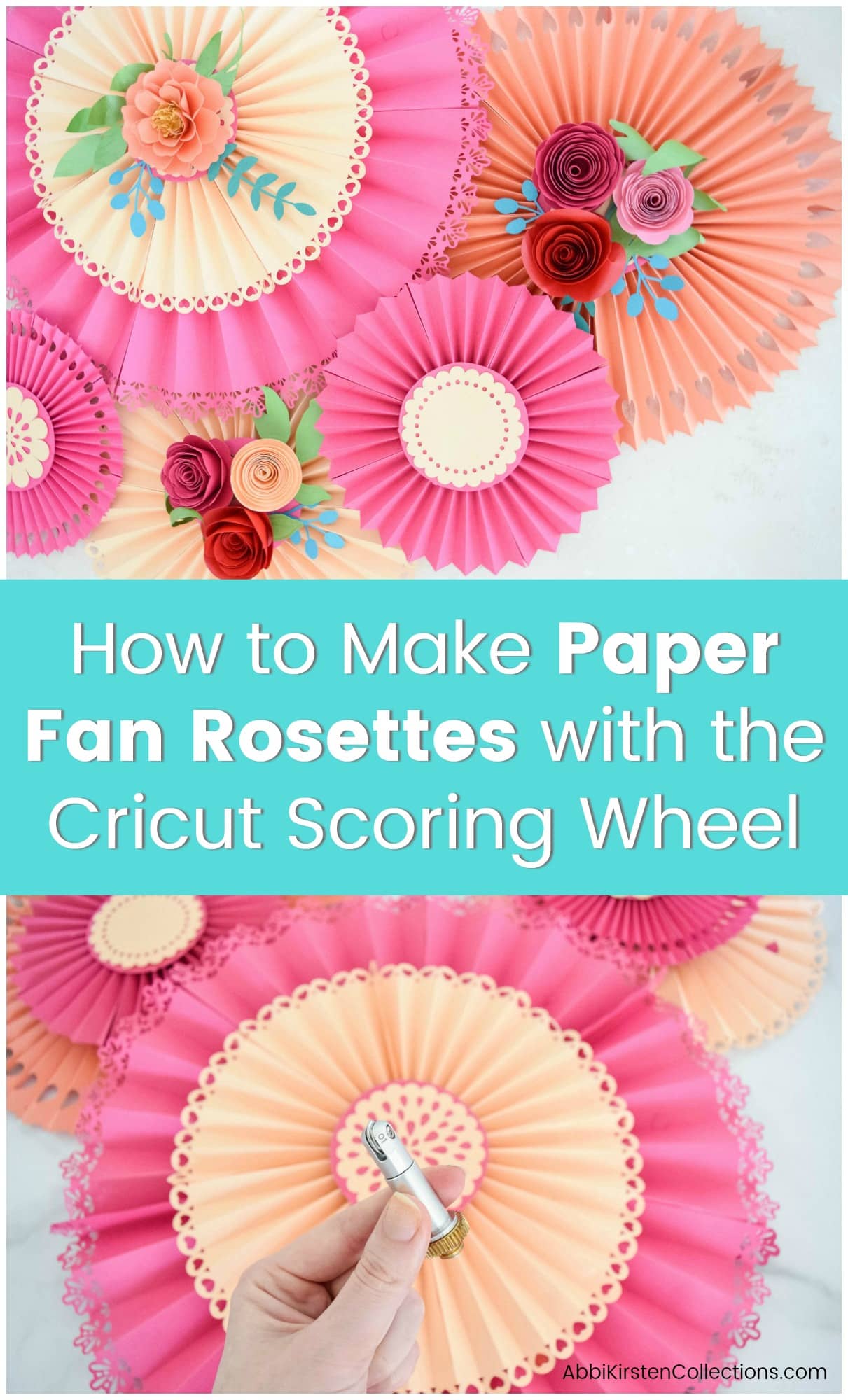 An overhead view of the paper fan rosettes that you can hang to decorate your next celebration. Abbi Kirsten’s hand holds a scoring tool that will make folding rosettes much easier. The text reads, "How to make paper fan rosettes with the Cricut Scoring Wheel."
