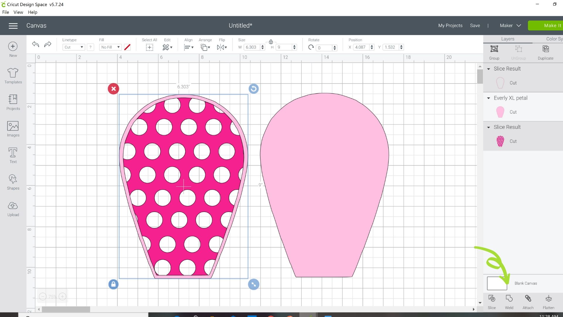 A design space screenshot with two flower petal shaped designs; one a darker pink polka dot petal, and the second a plain light pink petal.