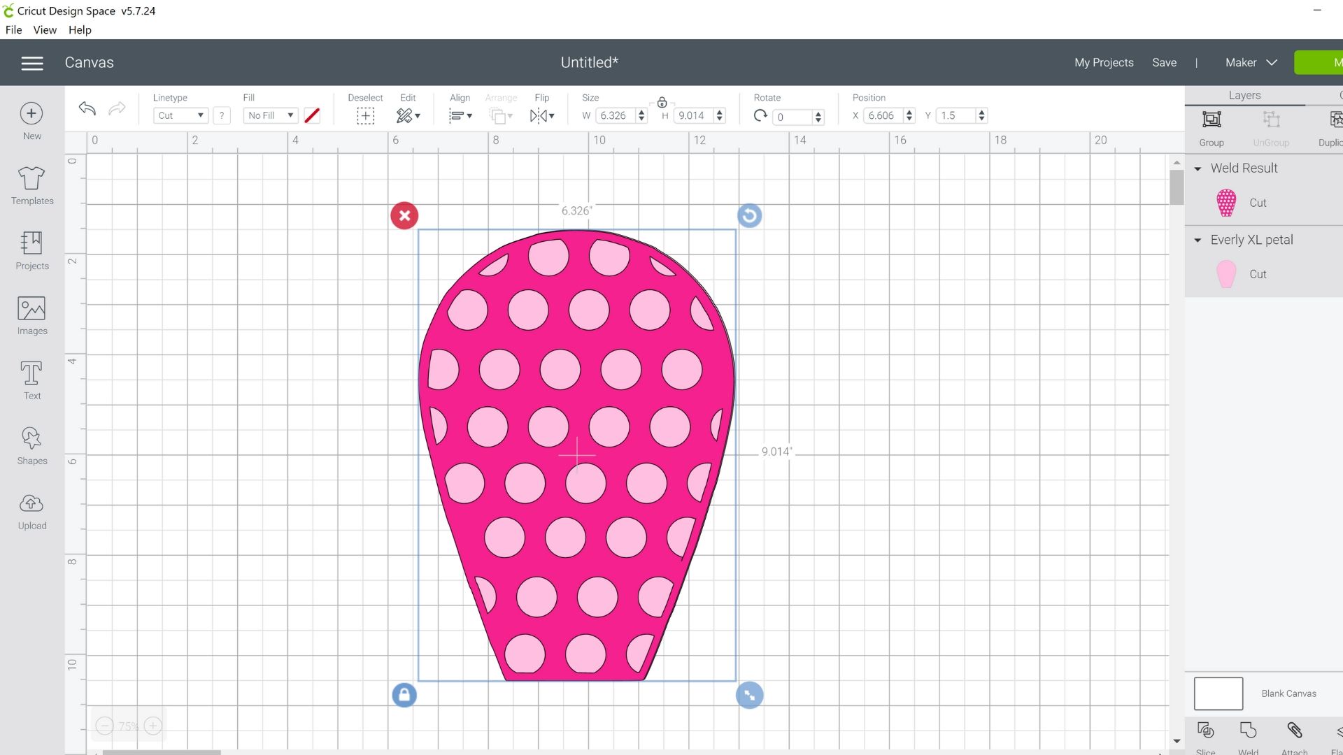 A screenshot of Design Space canvas with a single pink flower petal shape. The petal has a darker pink polka dot overlay with lighter pink polka dots.