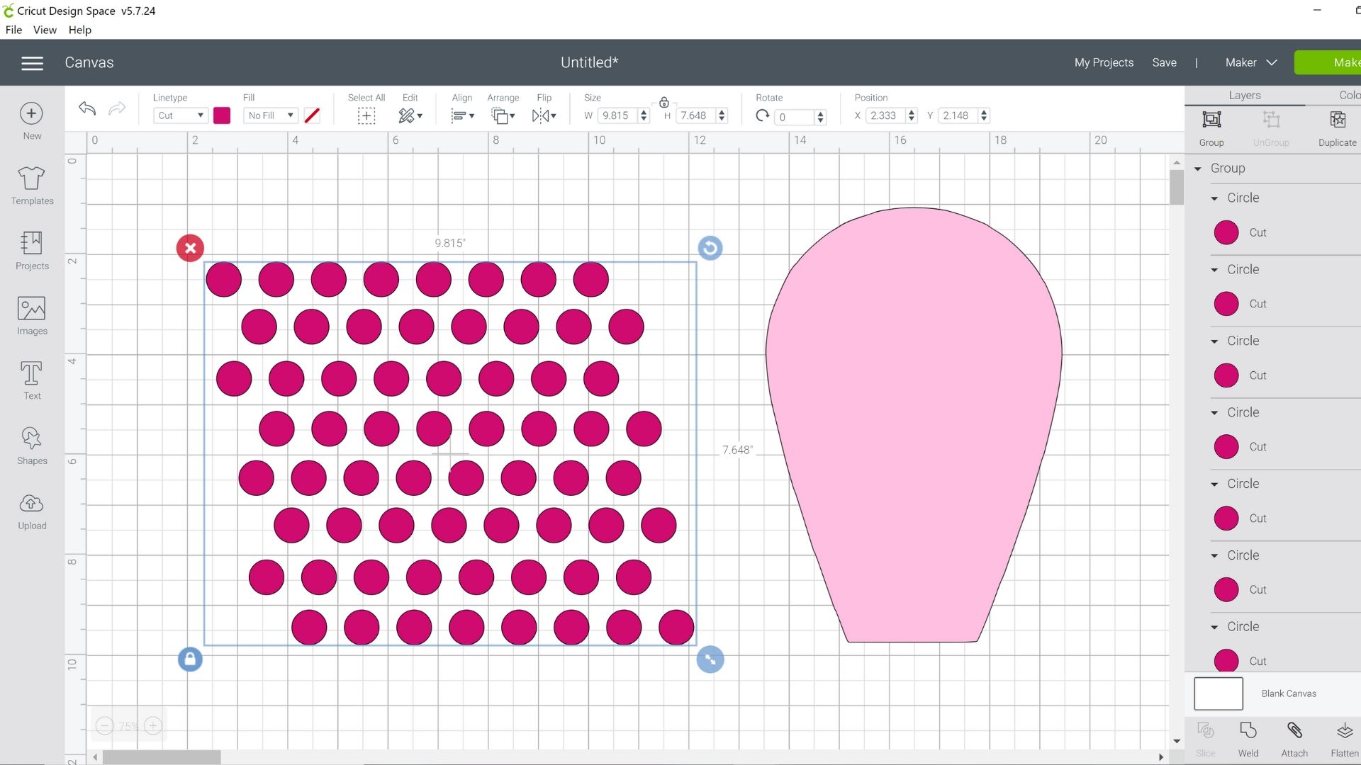 A screenshot of Design Space canvas with a group of pink polka dots selected, next to a larger light pink flower petal.