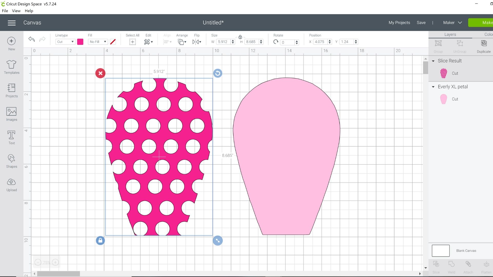 A Design Space screenshot shows a dark pink flower petal shape with polka dot spaces cut out, next to a light pink flower petal.
