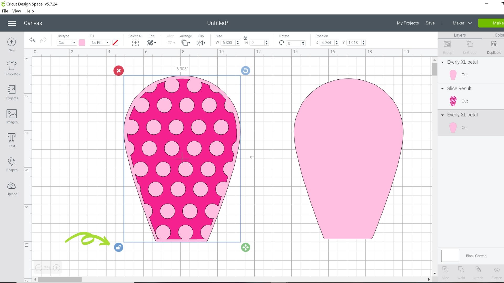 A Design Space screenshot showing two flower petal designs stacked on top of each other - a darker pink polka dot petal stacked onto a light pink petal.