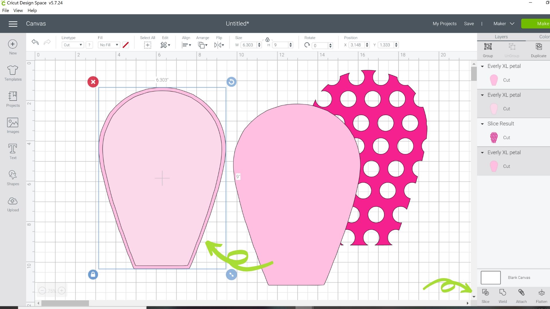A design space screenshot showing a duplicate pink petal design. There are three pink petal shapes on the canvas screen - one with an outline around the edge, a light pink petal, and a darker pink polka dot petal.