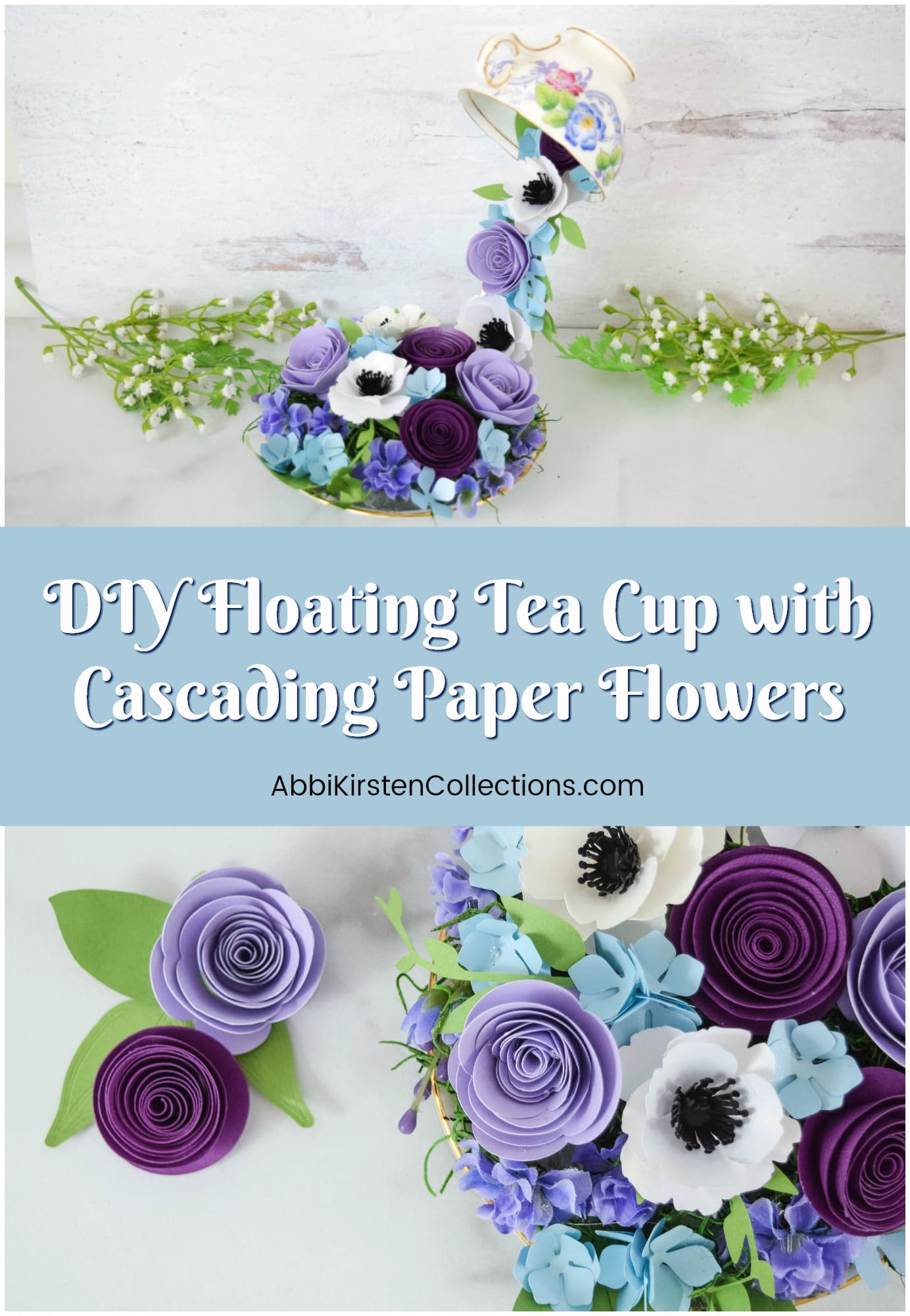 A stacked set of two images showing floating tea cups with cascading paper flowers. The paper roses are light to dark shades of purple, with smaller flowers in shades of blue sprinkled between. In the top image, a white tea cup floats, pouring out of row of purple and white paper flowers. Text in the center of the image reads "DIY floating tea cups with cascading paper flowers - abbikirstencollections.com"