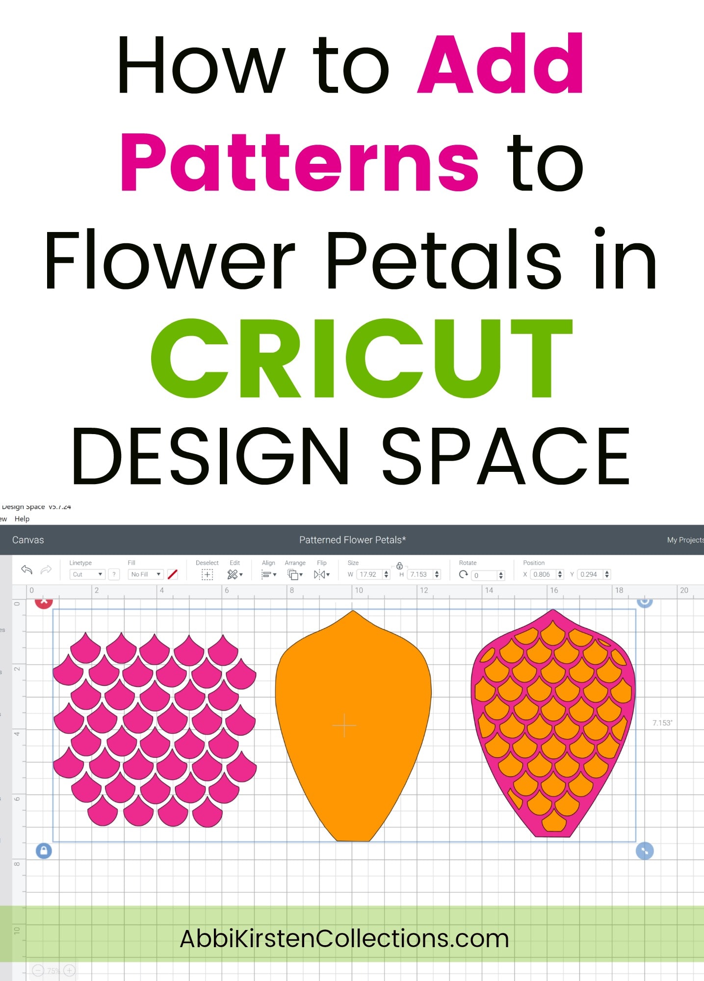 A screenshot of Cricut Design Space canvas with three different shaped graphics on the canvas grid. Pink mermaid scales, an orange flower petal, and a pink flower petal with orange scales. Image text reads, "how to add patterns to flower petals in Cricut Design Space"