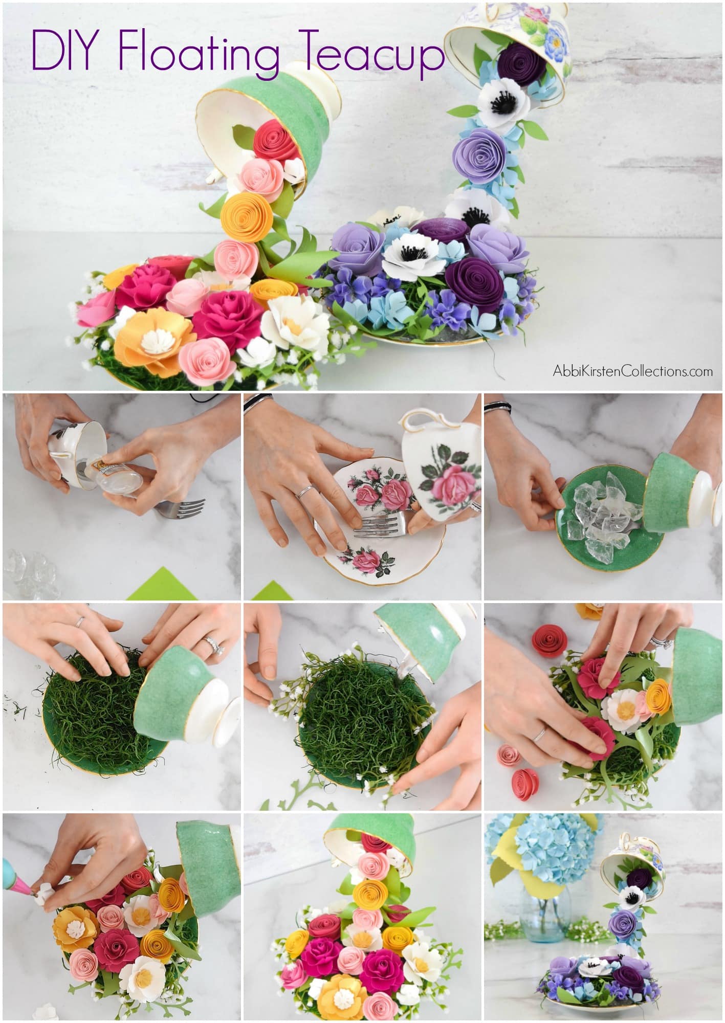 A collage of images shows all of the details steps to make floating tea cups with cascading paper flowers, from attaching the fork for the illusion floating cup, to adding faux moss, and flowers.