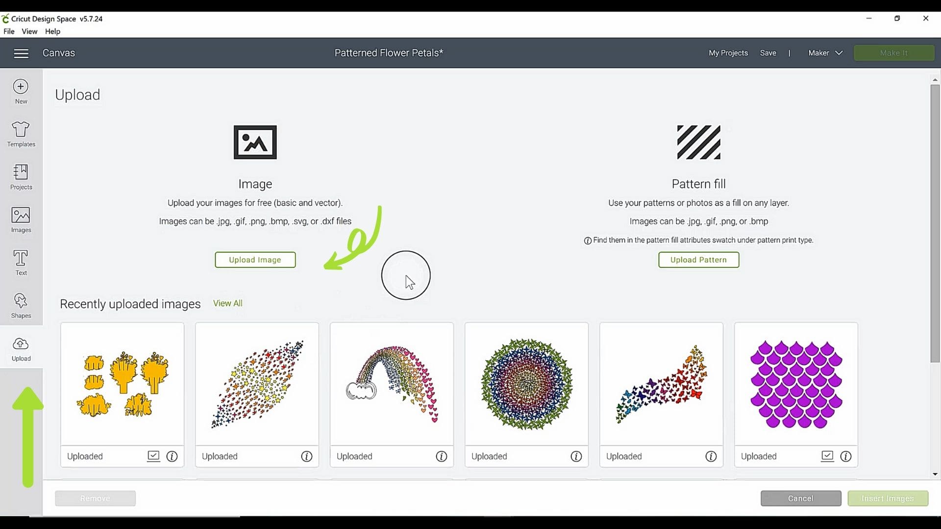 A screenshot of the Upload dashboard in Cricut Design Space, with a variety of SVG files uploaded.